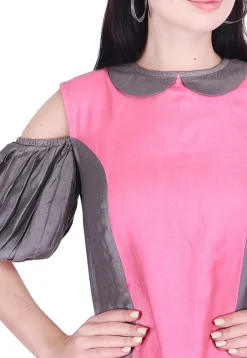 Tunics>Utsav Fashion Color Blocked Art Silk Asymmetric Tunic in Pink and Grey Grey, Pink