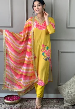 A-Line Suits|Casual Wear>Utsav Fashion Digital Printed Art Muslin Silk Aline Suit in Yellow