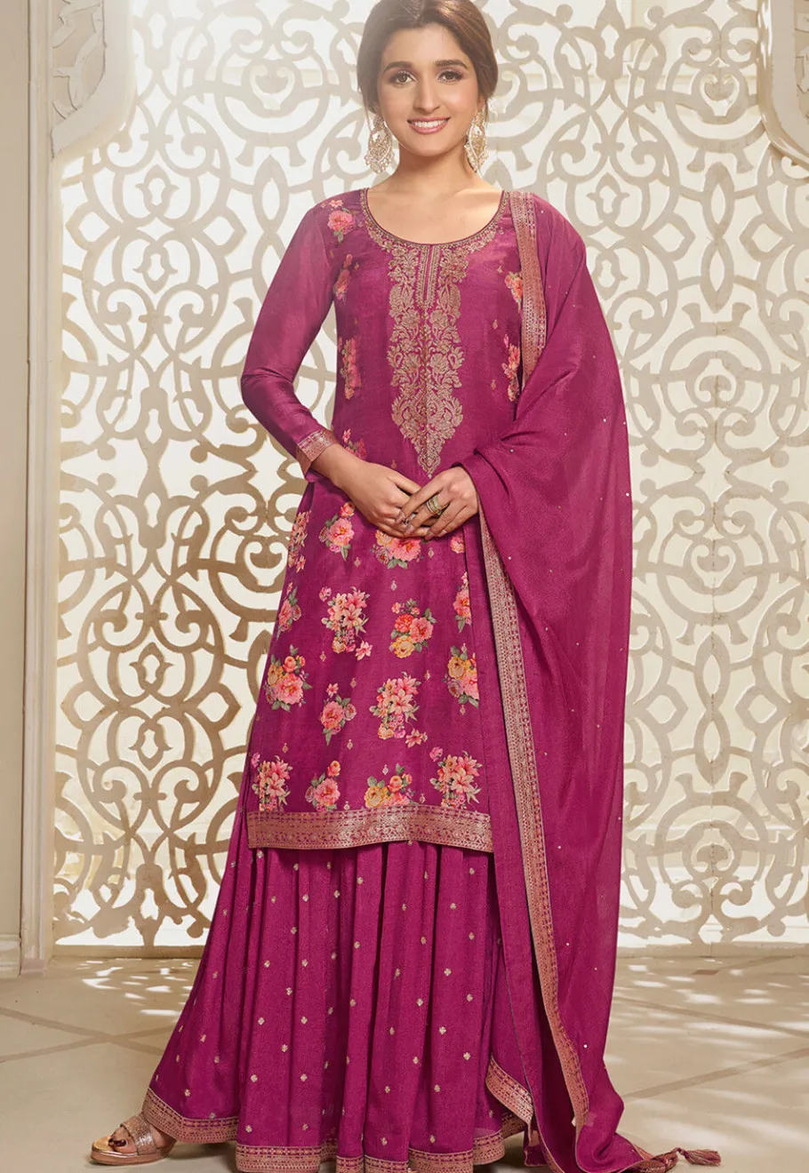 Bollywood Wear>Utsav Fashion Digital Printed Art Silk Jacquard Pakistani Suit in Pink