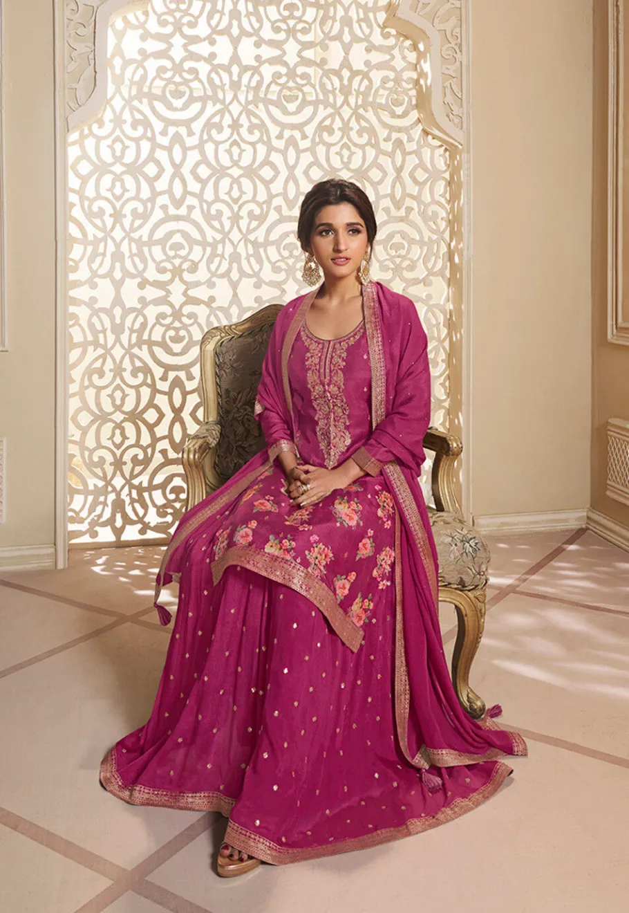 Bollywood Wear>Utsav Fashion Digital Printed Art Silk Jacquard Pakistani Suit in Pink