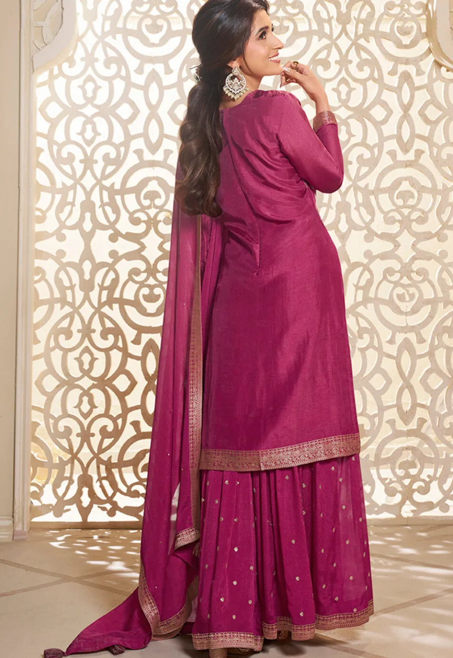 Bollywood Wear>Utsav Fashion Digital Printed Art Silk Jacquard Pakistani Suit in Pink