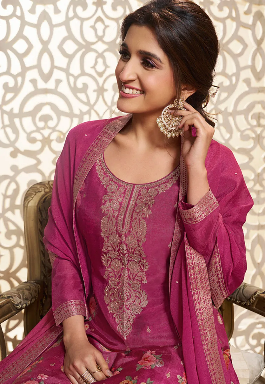 Bollywood Wear>Utsav Fashion Digital Printed Art Silk Jacquard Pakistani Suit in Pink