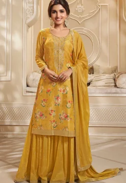 Bollywood Wear>Utsav Fashion Digital Printed Art Silk Jacquard Pakistani Suit in Yellow