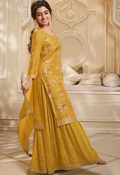 Bollywood Wear>Utsav Fashion Digital Printed Art Silk Jacquard Pakistani Suit in Yellow