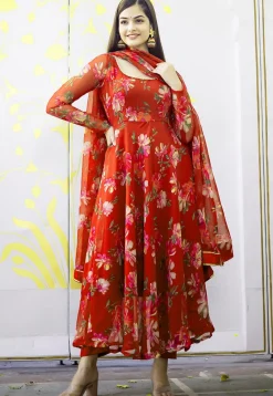 A-Line Suits|Casual Wear>Utsav Fashion Digital Printed Chiffon A Line Suit in Red