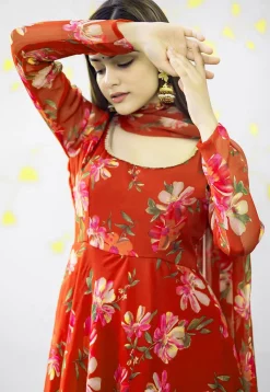 A-Line Suits|Casual Wear>Utsav Fashion Digital Printed Chiffon A Line Suit in Red