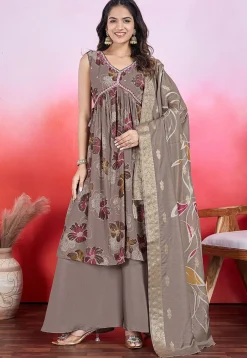A-Line Suits|Casual Wear>Utsav Fashion Digital Printed Chinon Chiffon A Line Suit in Fawn Grey