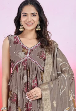 A-Line Suits|Casual Wear>Utsav Fashion Digital Printed Chinon Chiffon A Line Suit in Fawn Grey