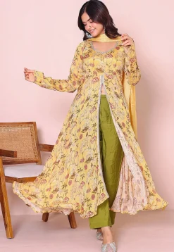 A-Line Suits|Party Wear>Utsav Fashion Digital Printed Chinon Chiffon Front Slit A Line Suit in Yellow