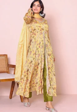 A-Line Suits|Party Wear>Utsav Fashion Digital Printed Chinon Chiffon Front Slit A Line Suit in Yellow