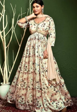 Abaya Style|Wedding Wear>Utsav Fashion Digital Printed Chinon Chiffon Abaya Style Suit in Beige