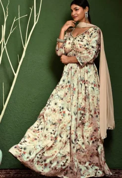 Abaya Style|Wedding Wear>Utsav Fashion Digital Printed Chinon Chiffon Abaya Style Suit in Beige