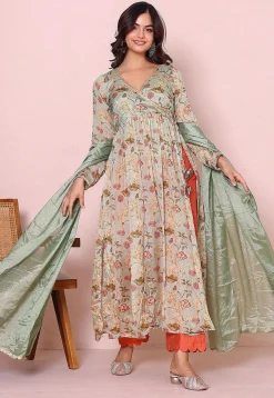 A-Line Suits|Party Wear>Utsav Fashion Digital Printed Chinon Chiffon A Line Suit in Green