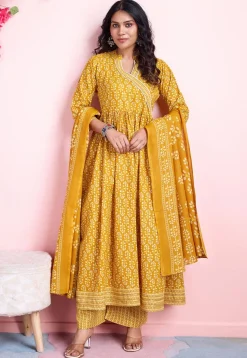 A-Line Suits|Casual Wear>Utsav Fashion Digital Printed Cotton A Line Suit in Mustard Yellow