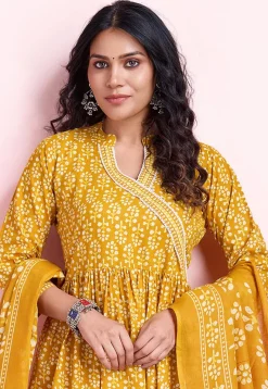 A-Line Suits|Casual Wear>Utsav Fashion Digital Printed Cotton A Line Suit in Mustard Yellow