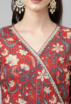 A-Line Suits|Casual Wear>Utsav Fashion Digital Printed Cotton Jacquard Aline Suit in Maroon Red