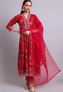 A-Line Suits|Casual Wear>Utsav Fashion Digital Printed Cotton Scalloped A Line Suit in Red