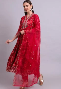 A-Line Suits|Casual Wear>Utsav Fashion Digital Printed Cotton Scalloped A Line Suit in Red