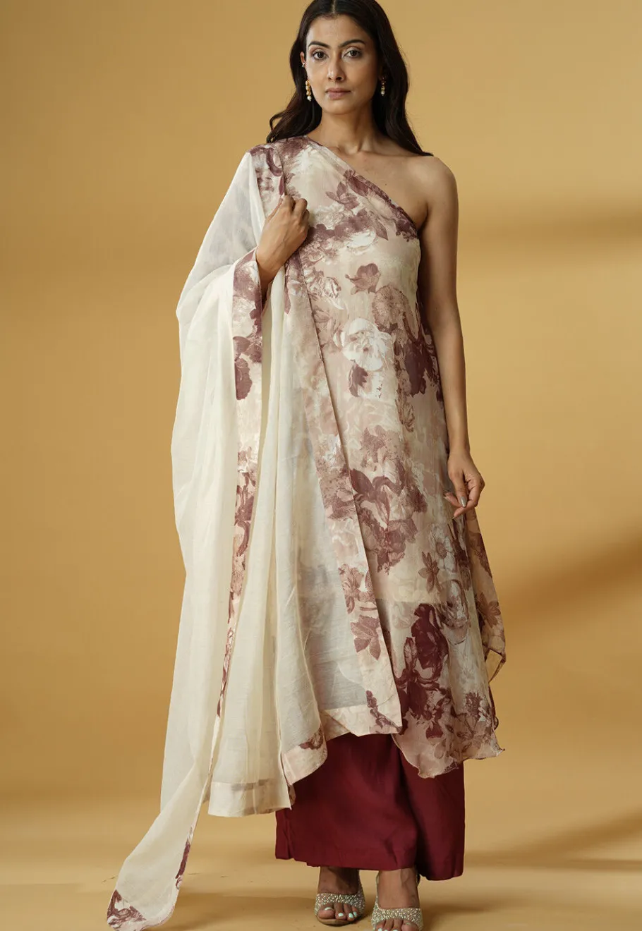 A-Line Suits|Party Wear>Utsav Fashion Digital Printed Georgette A Line Suit in Beige