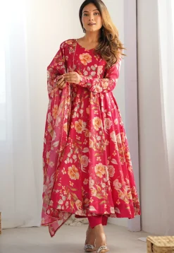 A-Line Suits|Party Wear>Utsav Fashion Digital Printed Organza A Line Suit in Pink