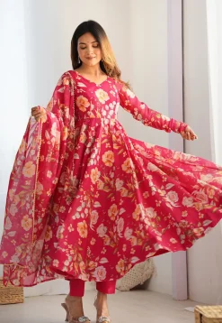 A-Line Suits|Party Wear>Utsav Fashion Digital Printed Organza A Line Suit in Pink