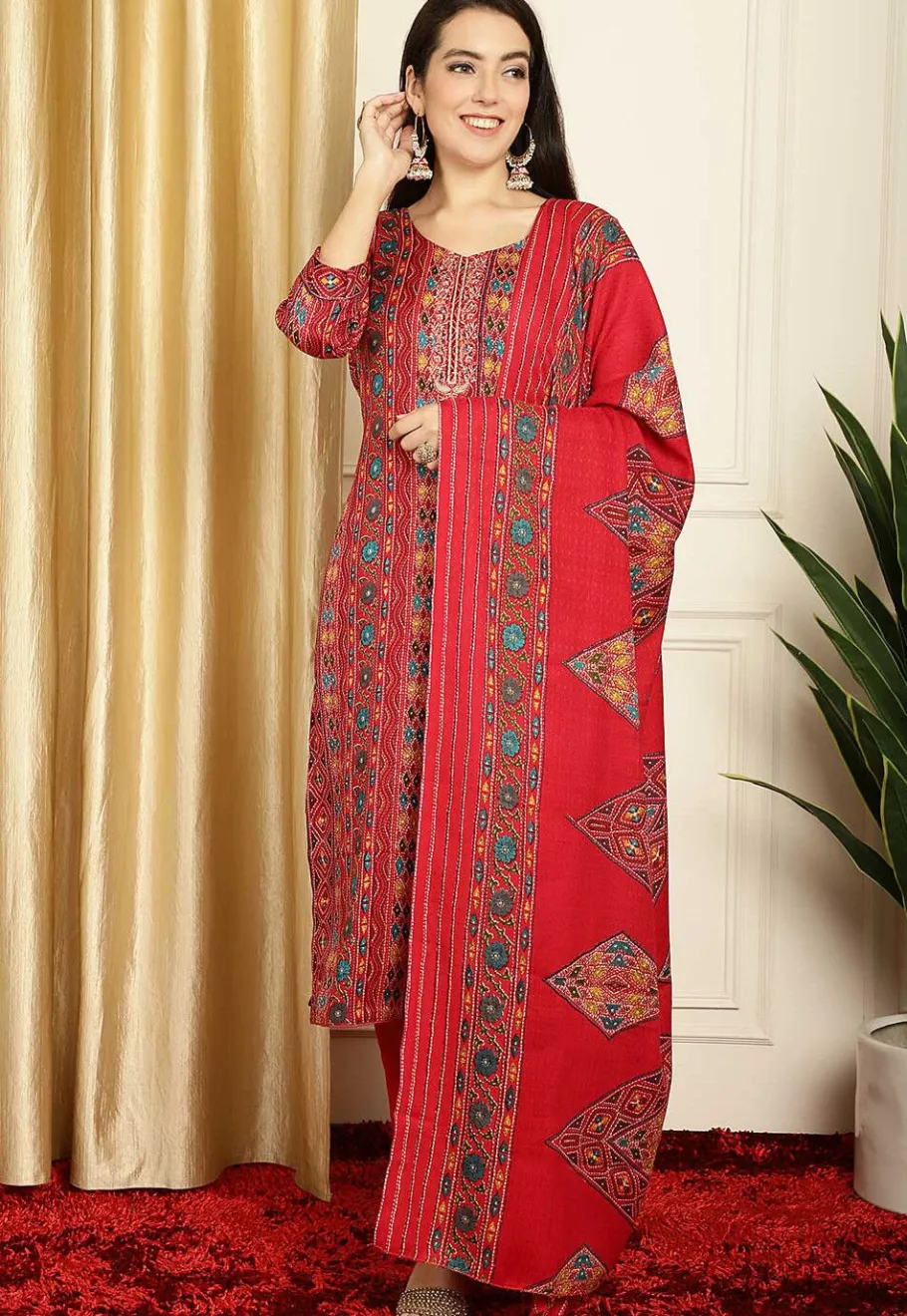 Casual Wear>Utsav Fashion Digital Printed Pashmina Silk Pakistani Suit in Red