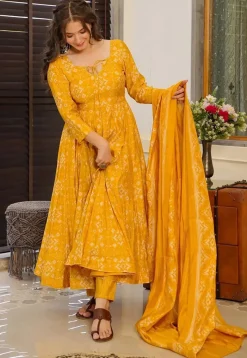 A-Line Suits|Casual Wear>Utsav Fashion Digital Printed Pure Muslin Silk A Line Suit in Mustard Yellow