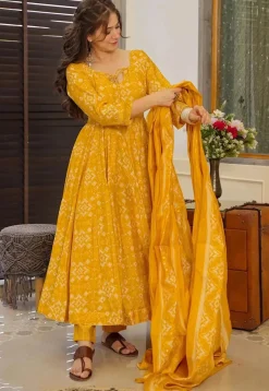 A-Line Suits|Casual Wear>Utsav Fashion Digital Printed Pure Muslin Silk A Line Suit in Mustard Yellow