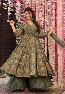 A-Line Suits|Casual Wear>Utsav Fashion Digital Printed Pure Muslin Silk A Line Suit in Dark Green