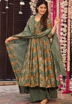 A-Line Suits|Casual Wear>Utsav Fashion Digital Printed Pure Muslin Silk A Line Suit in Dark Green