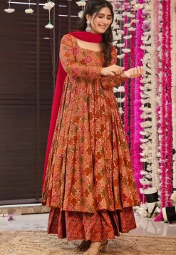 A-Line Suits|Casual Wear>Utsav Fashion Digital Printed Pure Muslin Silk A Line Suit in Peach and Multicolor Pink