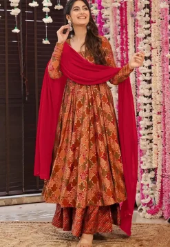 A-Line Suits|Casual Wear>Utsav Fashion Digital Printed Pure Muslin Silk A Line Suit in Peach and Multicolor Pink