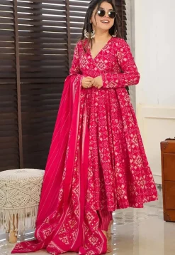 A-Line Suits|Casual Wear>Utsav Fashion Digital Printed Pure Muslin Silk A Line Suit in Fuchsia Pink