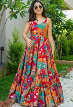 Gowns>Utsav Fashion Digital Printed Rayon Tiered Gown in Multicolor