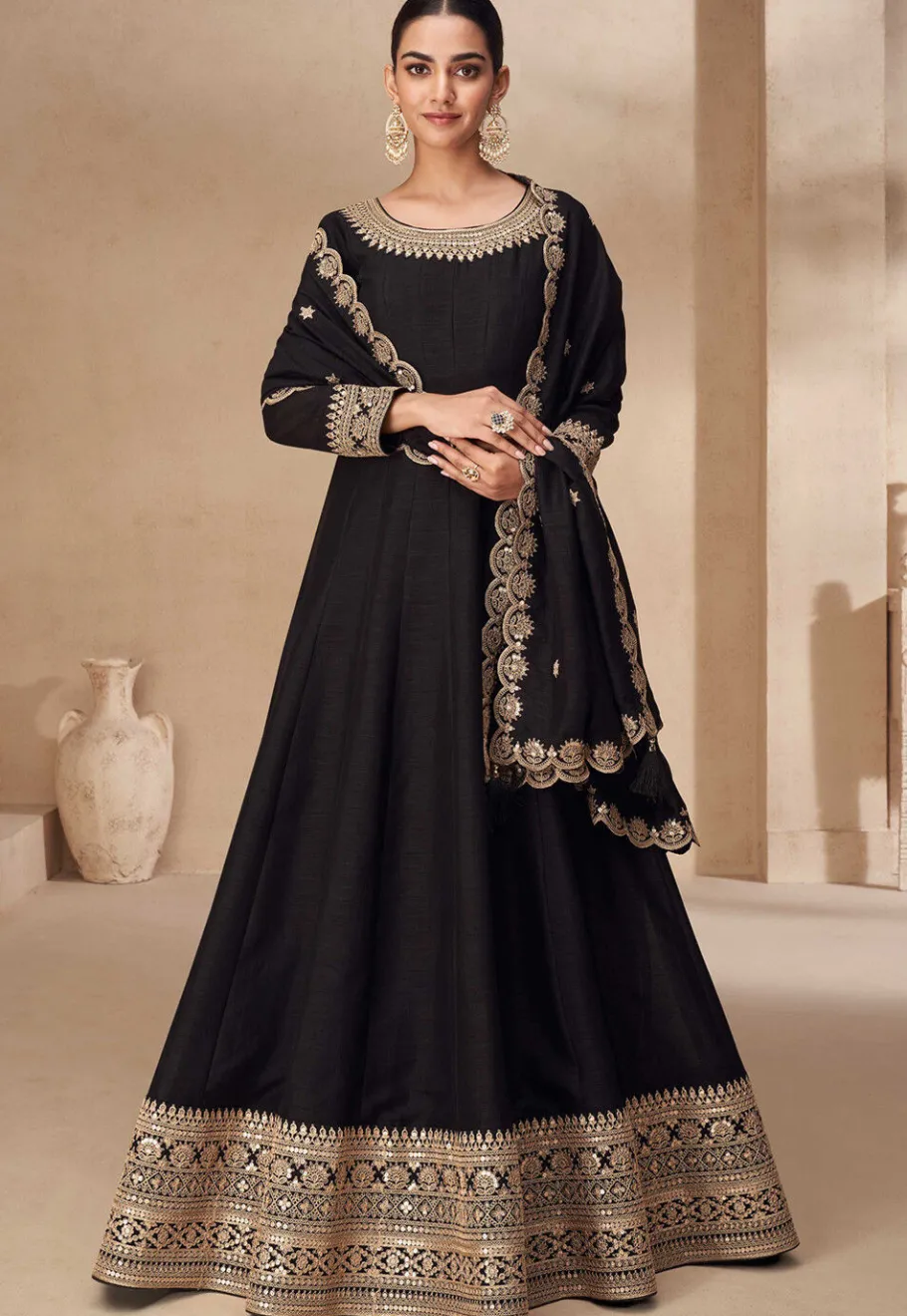 Wedding Wear>Utsav Fashion Embroidered Art Silk Abaya Style Suit in Black