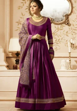 Art Silk Suits|Bollywood Wear>Utsav Fashion Embroidered Art Silk Abaya Style Suit in Violet Purple
