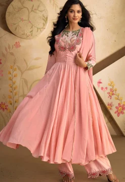 A-Line Suits|Wedding Wear>Utsav Fashion Embroidered Art Silk Aline Suit in Pink