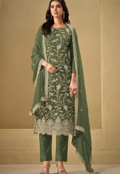 Wedding Wear|Party Wear>Utsav Fashion Embroidered Chinon Chiffon Scalloped Pakistani Suit in Green