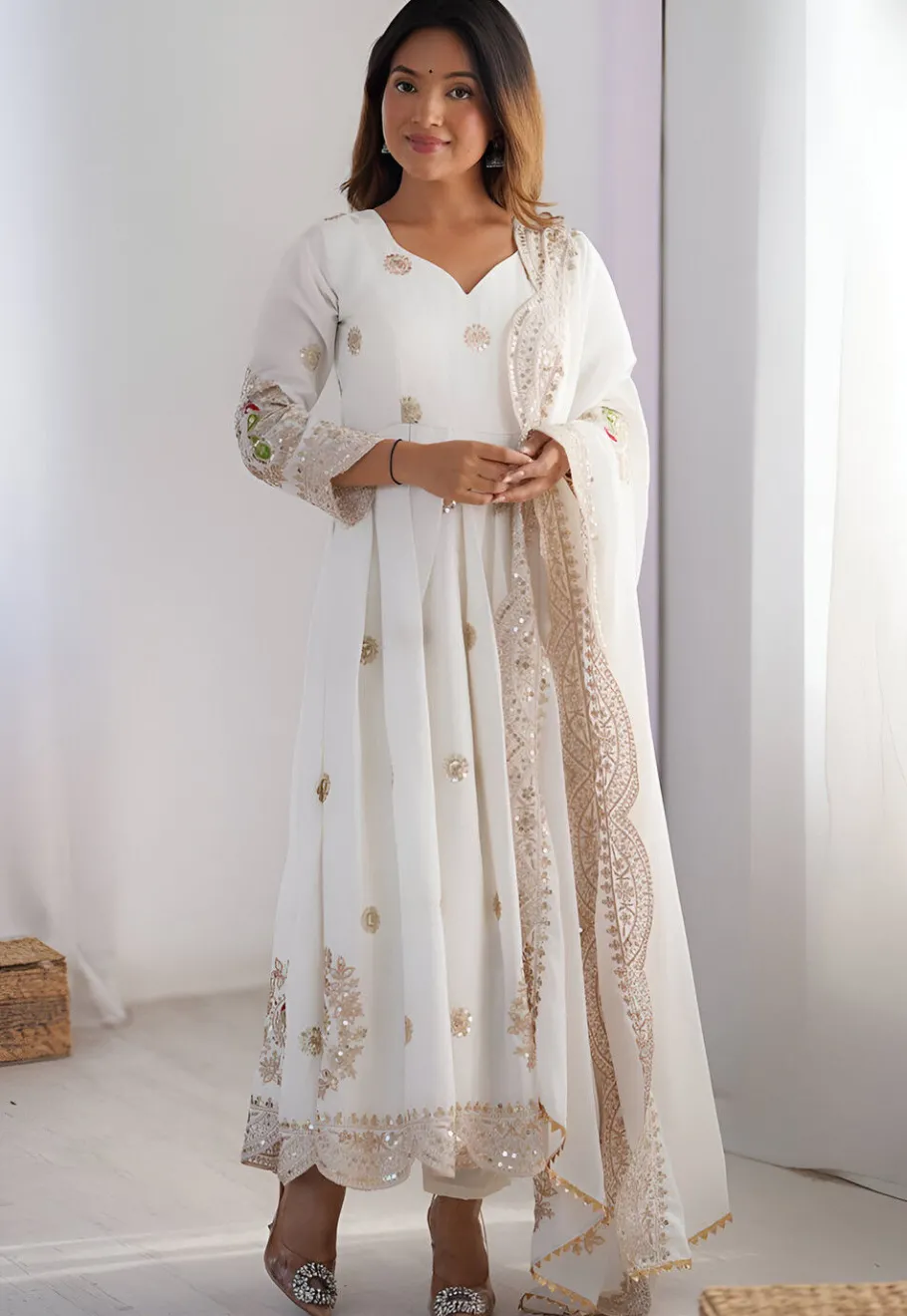 A-Line Suits|Party Wear>Utsav Fashion Embroidered Chinon Chiffon A Line Suit in Off White