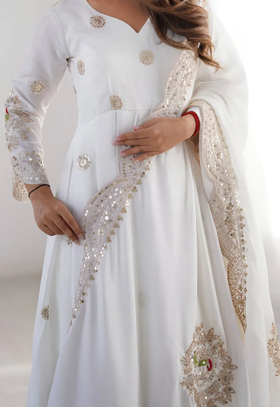A-Line Suits|Party Wear>Utsav Fashion Embroidered Chinon Chiffon A Line Suit in Off White