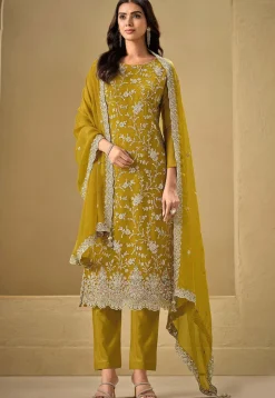 Wedding Wear>Utsav Fashion Embroidered Chinon Chiffon Scalloped Pakistani Suit in Yellow