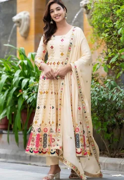 A-Line Suits|Party Wear>Utsav Fashion Embroidered Chinon Chiffon A Line Suit in Cream White