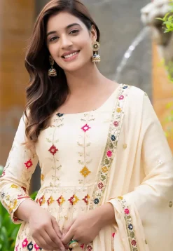 A-Line Suits|Party Wear>Utsav Fashion Embroidered Chinon Chiffon A Line Suit in Cream White