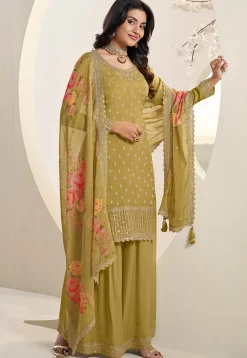 Wedding Wear>Utsav Fashion Embroidered Chinon Chiffon Pakistani Suit in Mustard Yellow