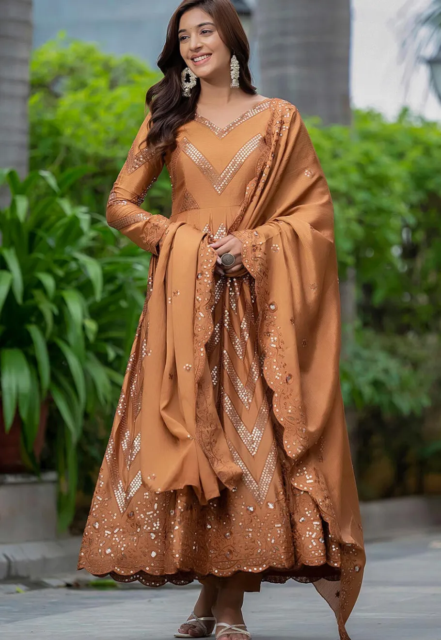 A-Line Suits|Party Wear>Utsav Fashion Embroidered Chinon Chiffon A Line Suit in Rust Orange