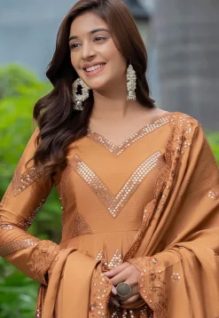 A-Line Suits|Party Wear>Utsav Fashion Embroidered Chinon Chiffon A Line Suit in Rust Orange