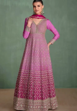 Wedding Wear>Utsav Fashion Embroidered Chinon Silk Abaya Style Suit in Ombre Pink