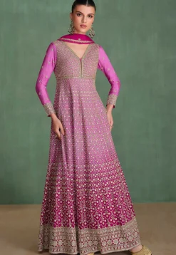 Wedding Wear>Utsav Fashion Embroidered Chinon Silk Abaya Style Suit in Ombre Pink