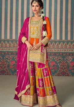 Wedding Wear>Utsav Fashion Embroidered Chinon Silk Pakistani Suit in and Fuchsia Orange