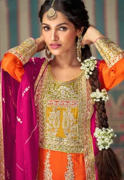 Wedding Wear>Utsav Fashion Embroidered Chinon Silk Pakistani Suit in and Fuchsia Orange